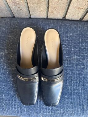 Via Spiga Black Leather Slip-On Mules with Gold Accent